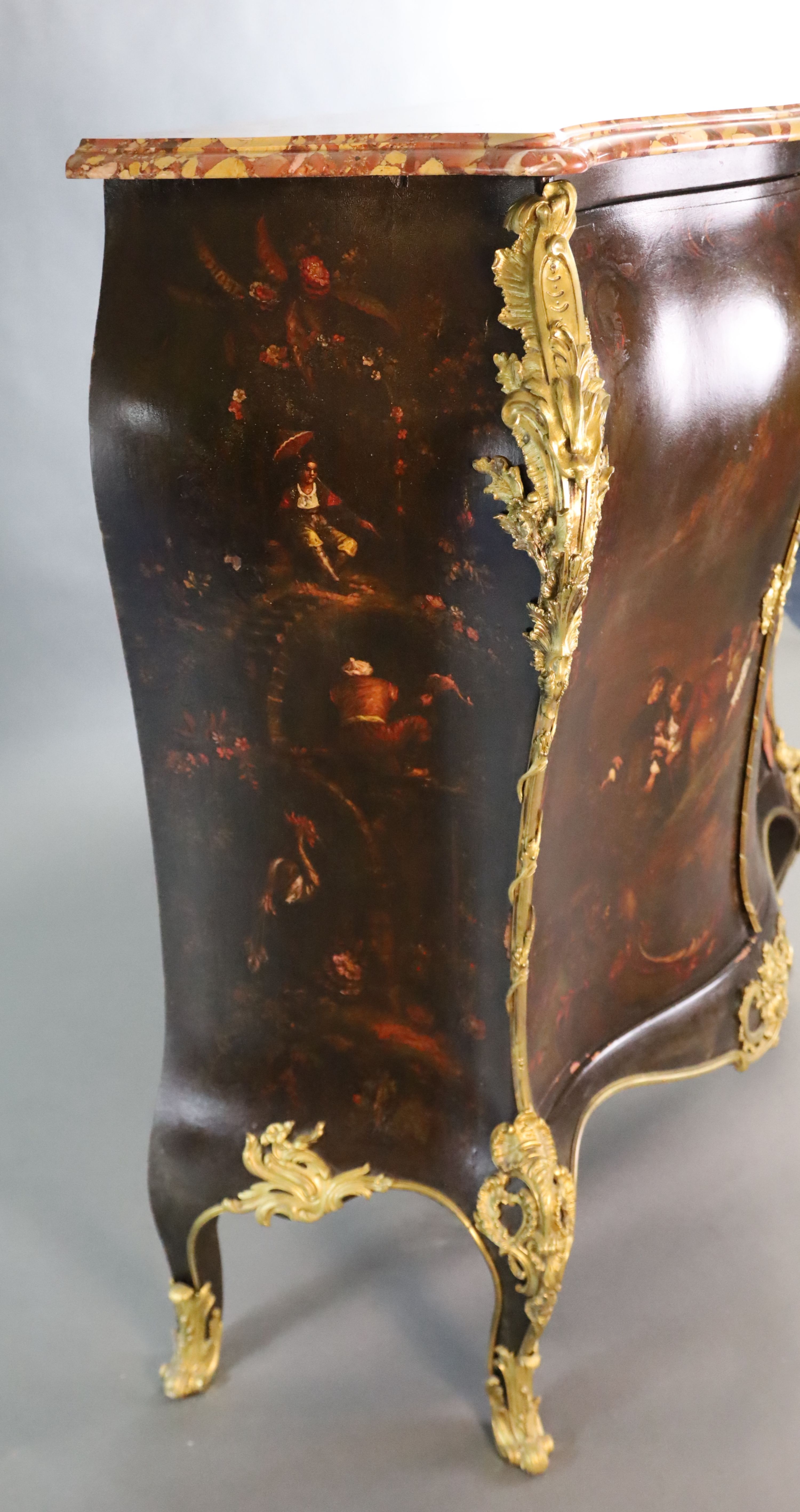 A late 19th century Louis XVI style serpentine bombe commode, W.4ft D.1ft 8in. H.4ft 3in.